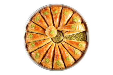 Traditional Turkish dessert Baklava with pistachios on a tray