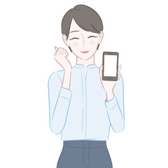 手に持ったスマホの画面を見せてガッツポーズをする女性のイラスト