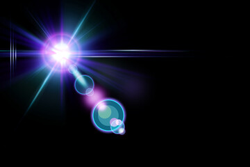 Easy to add lens flare effects for overlay designs or screen blending mode to make high-quality images. Abstract sun burst, digital flare, iridescent glare over black background