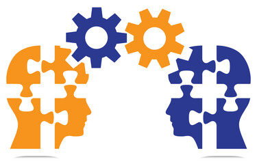 Head shaped puzzle pieces with cogwheels. This vector illustration can be used for brainstorming, challange, teamwork and other business themes design projects and presentations.