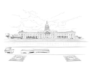 Irish Customs Building architectural landmark. Dublin, Ireland. Urban sketch. Hand drawn vector illustration. 