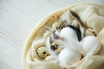 easter chicken and quail eggs with feathers in a towel on a dark wooden background simple