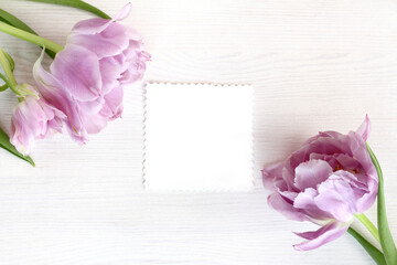 Lilac tulips and card for inscriptions top view. Congratulatory blank