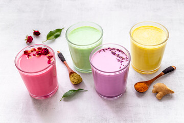 Beetroot matcha and turmeric latte coffee or tea. Healthy antioxydant drinks