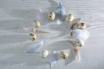 round composition of quail eggs and feathers on a light wooden background with shadows