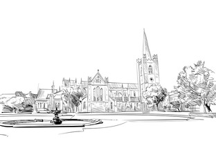 St. Patrick's Cathedral. Anglican Church of Ireland. Dublin, Ireland. Urban sketch. Hand drawn vector illustration. 