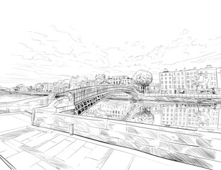 Bridge Polpenny pedestrian bridge river  Liffey. Dublin, Ireland. Urban sketch. Hand drawn vector illustration. 