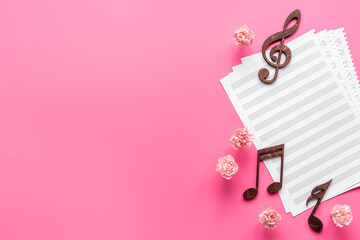 Love songs. Valentines day music with notes and flowers