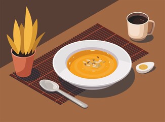 Pumpkin soup with spoon and cup coffee and house plant on kitchen table.