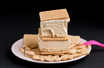 Nougat ice cream. Black background, in studio, dessert, Spain