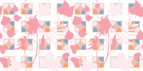 Botanical vector seamless pattern. Hand drawn plants, wildflowers, leaves and herbs on abstract background with simple geometric shapes.
