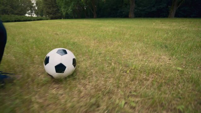 Boy kicks a soccer ball. Kid is playing in the park. Training with a ball outdoor. Children leisure and recreation activity. The boy dreams of becoming a famous footballer.
