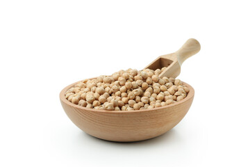 Bowl with chickpea and scoop isolated on white background