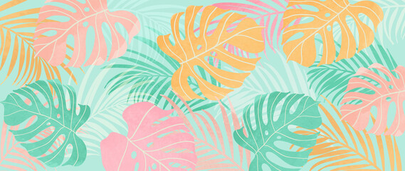 Summer tropical background vector. Palm leaves, monstera leaf, Botanical pattern trendy design for wall framed prints, canvas prints, poster, home decor, cover, flower wall arts, wallpaper.