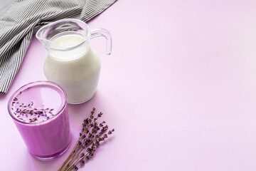 Purple lavender latte tea or coffee. Hot healthy drink