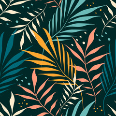 vector seamless pattern with hand drawn tropical ornament, palm leaves on dark green background jungle pattern. trend flat pattern for printing on fabric. clothes, wrapping paper