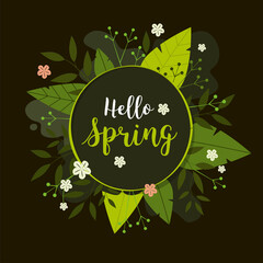 Spring flower background. Hello spring text in dark circle frame