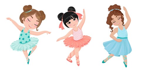 Set of little girls ballerinas. Child in a tutu skirt and pointe shoes. Ballet. Dancing school. Vector illustration in cartoon style isolated on white background.