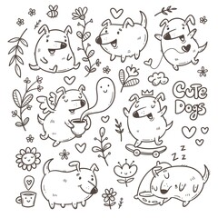 Obraz premium Set with cute cartoon puppies and plants. Doodle floral poster. Spring vector print with dog. Funny animals sticker pack.