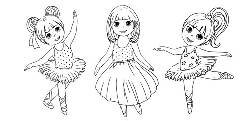 Set of little girls ballerinas. Child in a tutu skirt and pointe shoes. Ballet. Dancing school. Vector illustration in cartoon style isolated on white background.