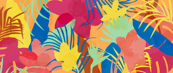 Fototapeta na wymiar Summer tropical background vector. Palm leaves, monstera leaf, Botanical pattern trendy design for wall framed prints, canvas prints, poster, home decor, cover, flower wall arts, wallpaper.