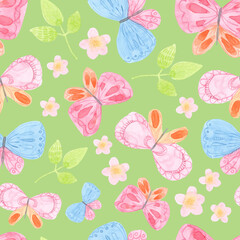 Cute childrens cartoon illustration. Watercolor seamless pattern of butterflies, flowers. On a green background