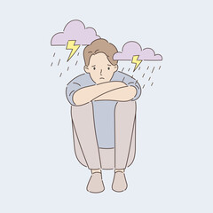 The young man was feeling down and depressed as if it was a storm and rain. Mental health concept. Hand draw style. Vector illustration.