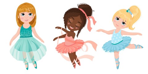Set of little girls ballerinas. Child in a tutu skirt and pointe shoes. Ballet. Dancing school. Vector illustration in cartoon style isolated on white background.