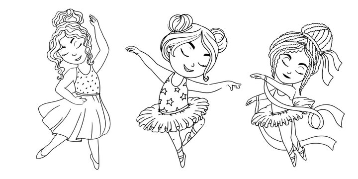 Set of little girls ballerinas. Child in a tutu skirt and pointe shoes. Ballet. Dancing school. Vector illustration in cartoon style isolated on white background.
