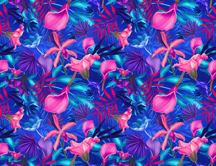 Colourful Seamless Pattern with tropic flowers and leaves.