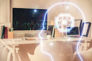Double exposure of brain drawing and office interior background. Concept of data technology.