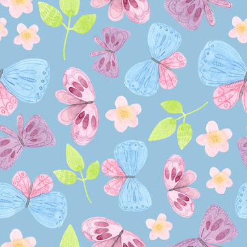 Cute childrens cartoon illustration. Watercolor seamless pattern of butterflies, flowers. On a blue background