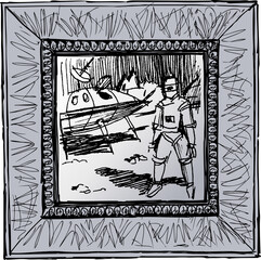 Drawing of astronaut on alien planet in decorative frame