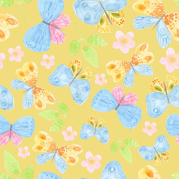 Cute childrens cartoon illustration. Watercolor seamless pattern of butterflies, flowers.