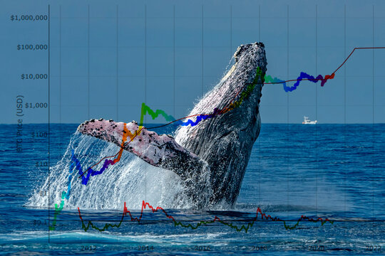 Breaching whale with stock market money cripto value bitcoin diagram flow chart