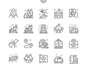 Refugee. Donations for refugees. Immigrant, migrant, homeless. Refugee family. Support and assistance. Pixel Perfect Vector Thin Line Icons. Simple Minimal Pictogram