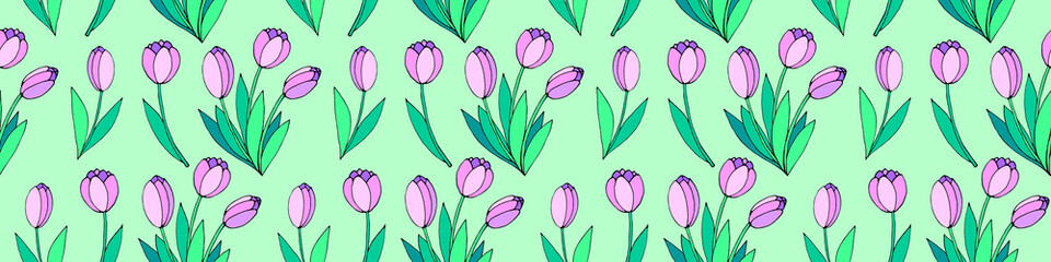 Obraz premium Vector seamless pattern with pink tulip flowers. Hand drawn spring texture, background. For web, textile, greeting card, wedding, birthday, mother's or women's or Valentine's Day