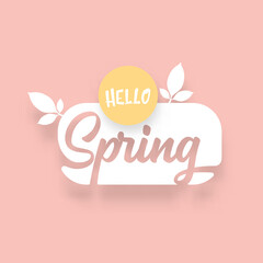 hello spring cut paper style label with ribbon isolated on soft muted pastel pink background. Hello spring icon design template with growing leaf
