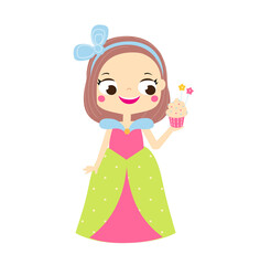 Cartoon girl in beautiful dress with cupcake. Cute princess.