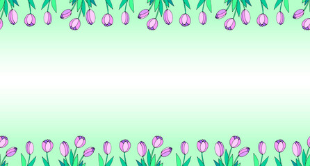 Spring flowers. Frame from pink tulips. Vector doodle hand drawn isolated. Horizontal top and bottom edging, border, decoration for greeting card, invitation, Valentine's, Women's or Mother day