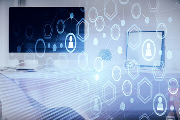 Double exposure of social network theme drawing and office interior background. Concept of web.