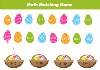 Mathematics children educational game. Easter theme Matching activity. Study addition and subtraction for kids and toddlers - 416490389