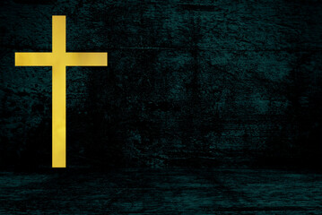 Christ Cross Door on Black Grunge Concrete Wall Background.