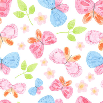 Cute childrens cartoon illustration. Watercolor seamless pattern of butterflies, flowers. On a white background