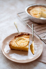 lemon cheesecake, fresh homemade cakes in a form on a light background