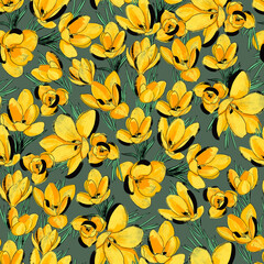 Floral design with yellow crocuses Seamless illustration with spring blooming flowers