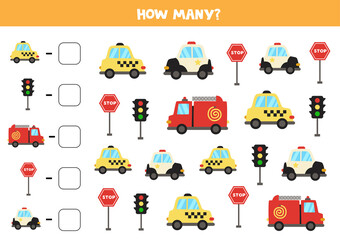 Obraz premium Math game. Count all vehicles. Transportation themed games.
