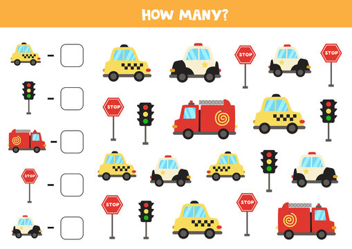 Math game. Count all vehicles. Transportation themed games.