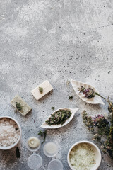 Spa cosmetics: natural herbal body scrub. Sea salt, composition and ingredients.