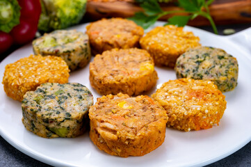 Small tasty vegan and vegetarian burgers made from fresh vegetables and dried legumes and beans